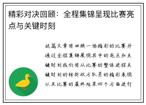 精彩对决回顾:全程集锦呈现比赛亮点与关键时刻 精彩对决回顾:全程集锦呈现比赛亮点与关键时刻