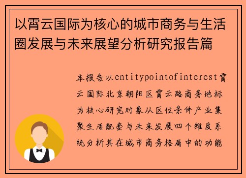 以霄云国际为核心的城市商务与生活圈发展与未来展望分析研究报告篇